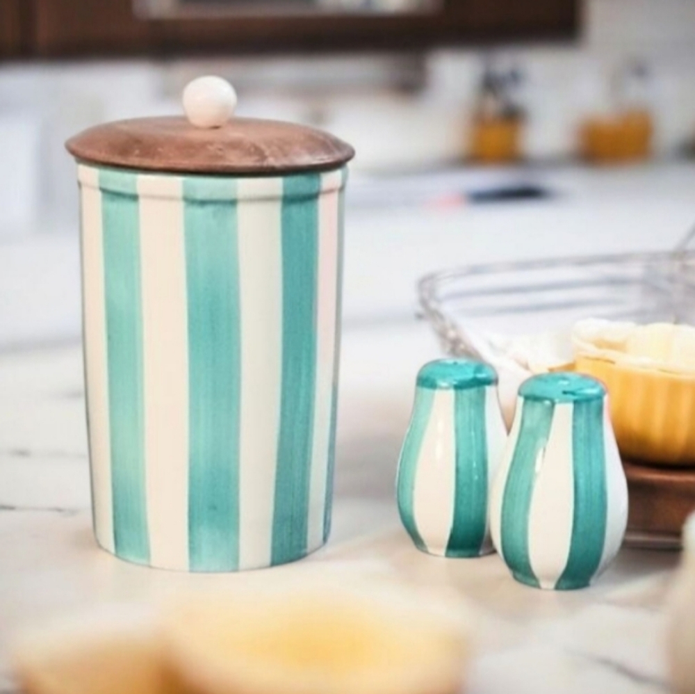Teal Blue & White Striped Kitchenware Container with Salt and Pepper Shakers